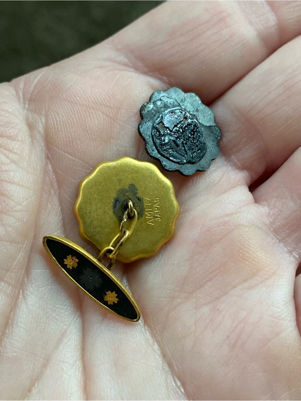 Vtg Japanese Damascene Double Sided Cufflinks Pagoda Mt Fuji *read